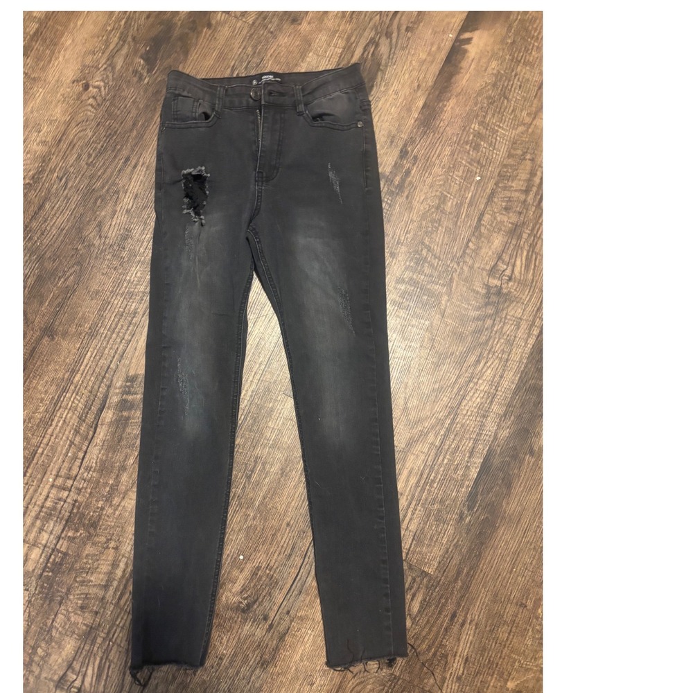 Missguided Sinner High Waist Skinny Jeans Faded Black Distressed Size 0S